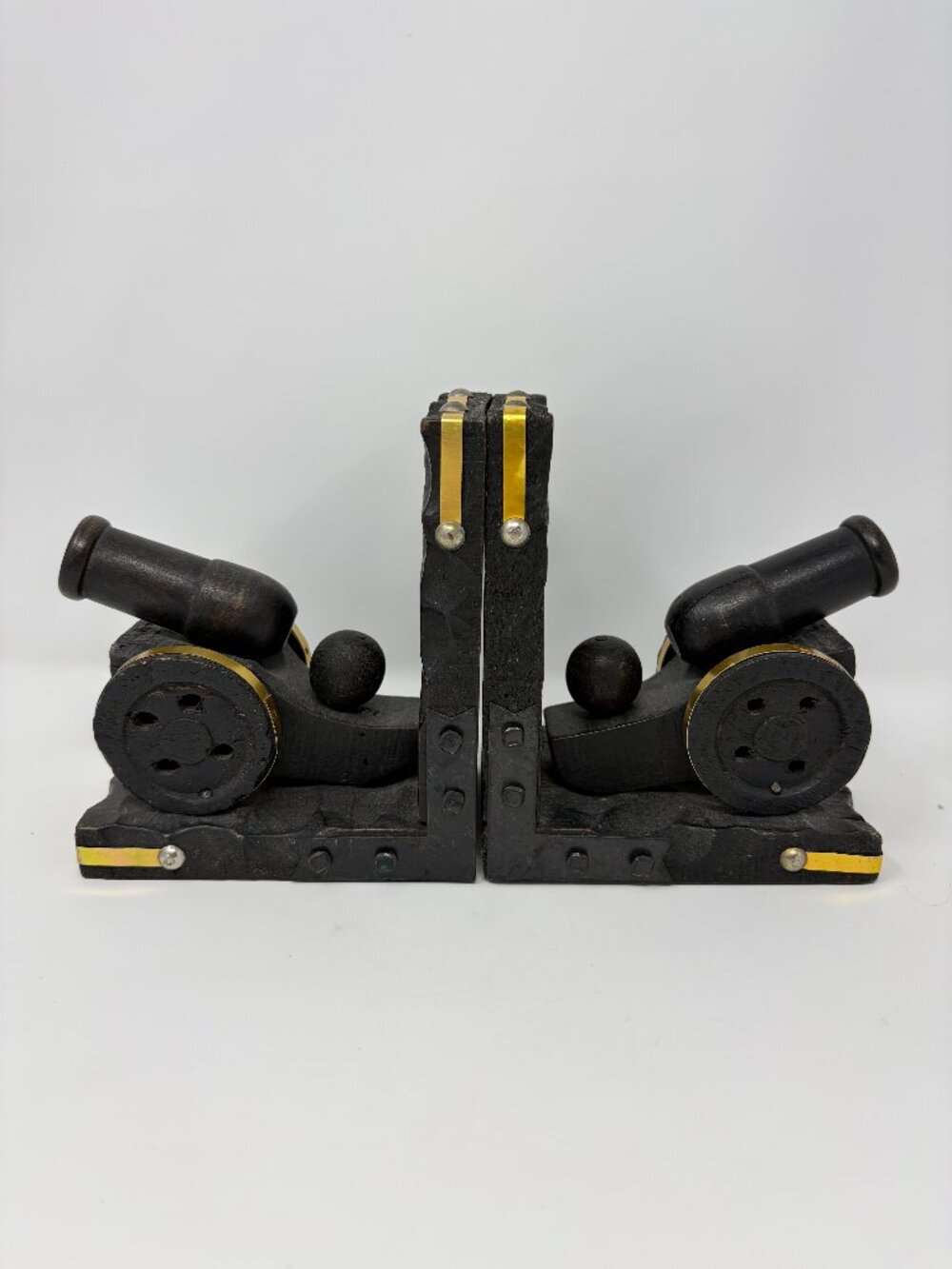 Vintage Wooden Bookends Carved Cannons & Balls w/ Brass-Toned Metal Military